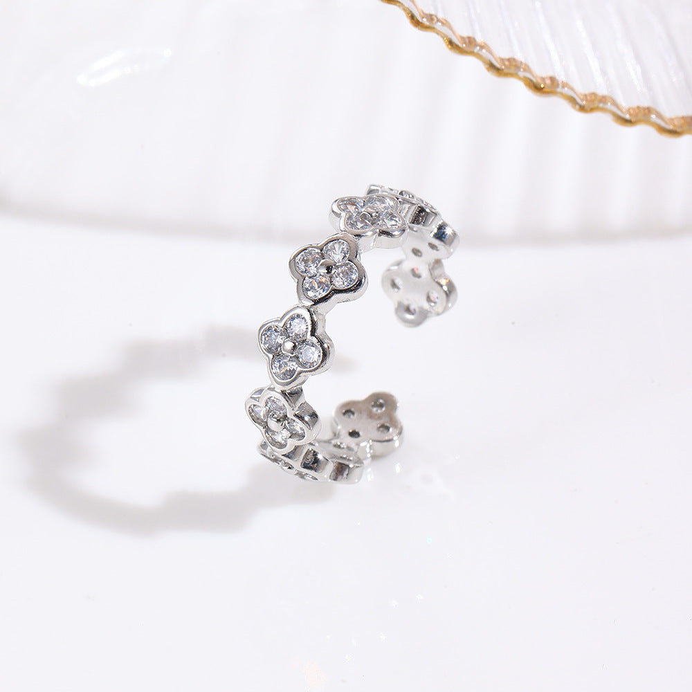 Wholesale Colorful zirconium four-leaf clover flower petal ring