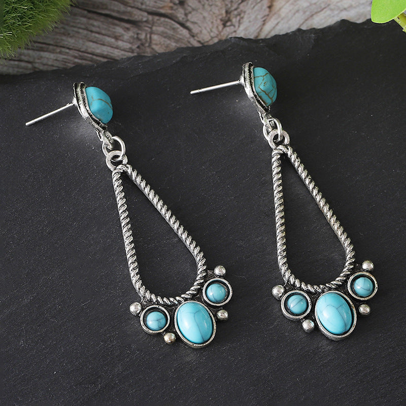 Wholesale Alloy Electroplated Geometric Hollow Earrings Retro Turquoise Bohemian Jewelry Accessory