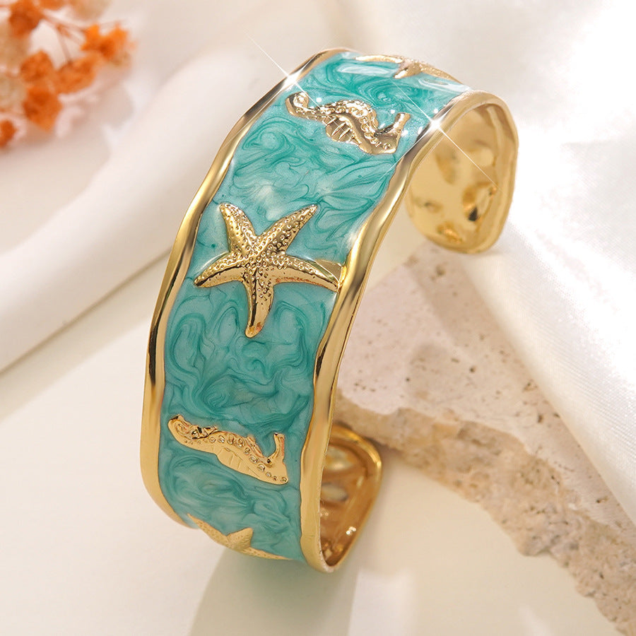 Wholesale Stainless Steel Drip Oil Open Bangle Bracelet with Seahorse Starfish Design - Casual Vacation Style Fashion Accessory for Gift and Boutique Resale