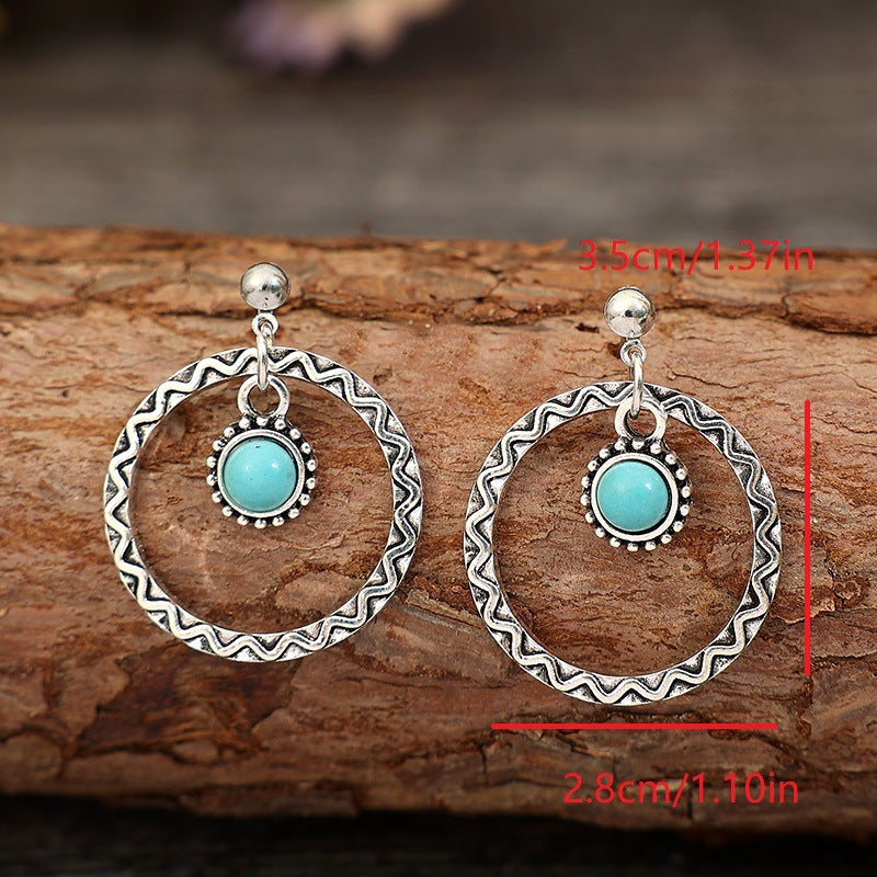Wholesale retro round hollow inlaid turquoise fashion pendant earrings
