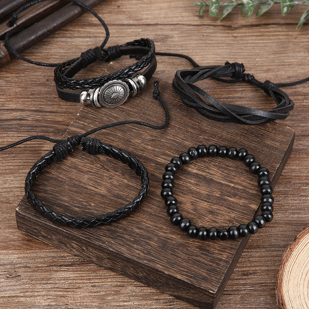 Wholesale Retro Sunflower Alloy Cowhide Braided Bracelet With Wooden Beads Unisex Street Style Wristband Fashion Accessory For Everyday Wear