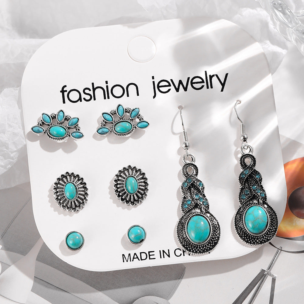Wholesale Vintage Turquoise Earrings Set,  4 Pairs Alloy Electroplated Ear Studs &  Pendants,  Fashion Jewelry Accessory for Casual Daily Wear