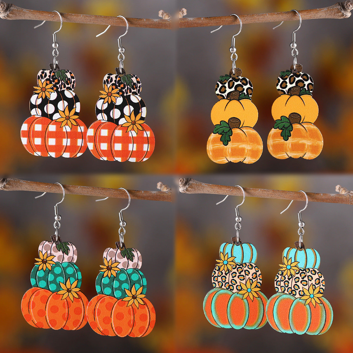 Wholesale Thanksgiving Autumn Harvest Wave Plaid Pumpkin Flower Pendant Earrings