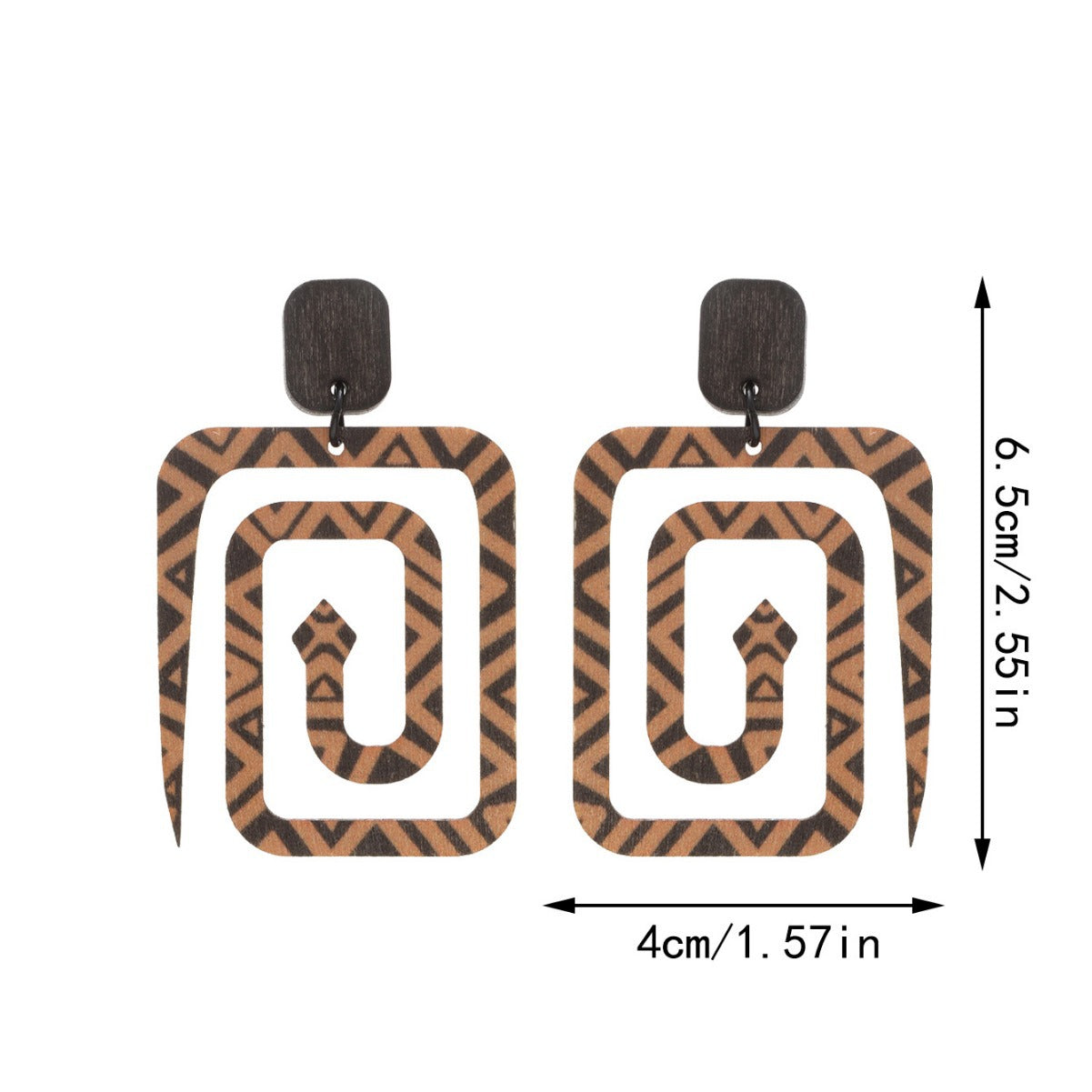 Wholesale Retro Exaggerated Geometric Stripes Snake Pattern Wooden Printing Earrings