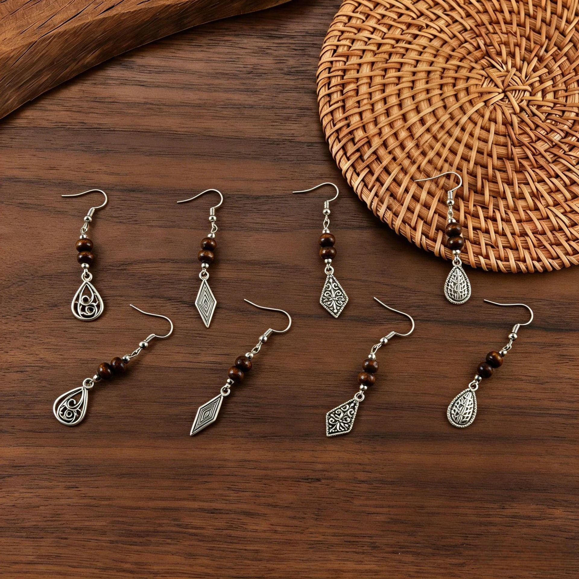 Wholesale Retro Wooden Bead Water Drop Earrings Rhombus Design Zinc Alloy Ear Hooks Literary Style Women S Jewelry Accessory For Gift And Resale