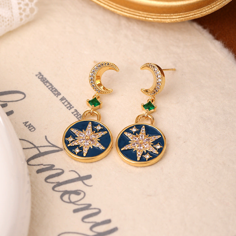 Wholesale Zirconia Star and Moon Series Asymmetrical Long Tassel Earrings