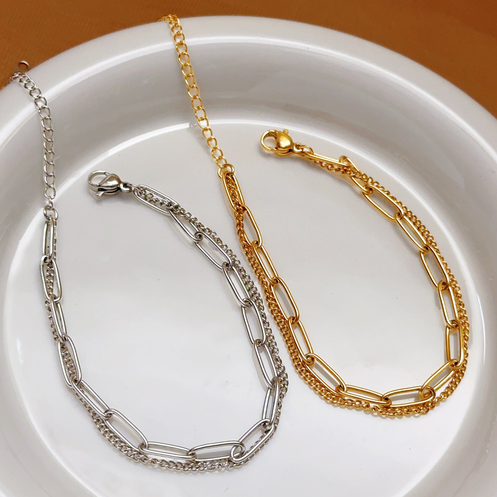 Wholesale Gold Titanium Steel Double Layer Side Chain Bracelet Trendy Women' s Jewelry Accessory