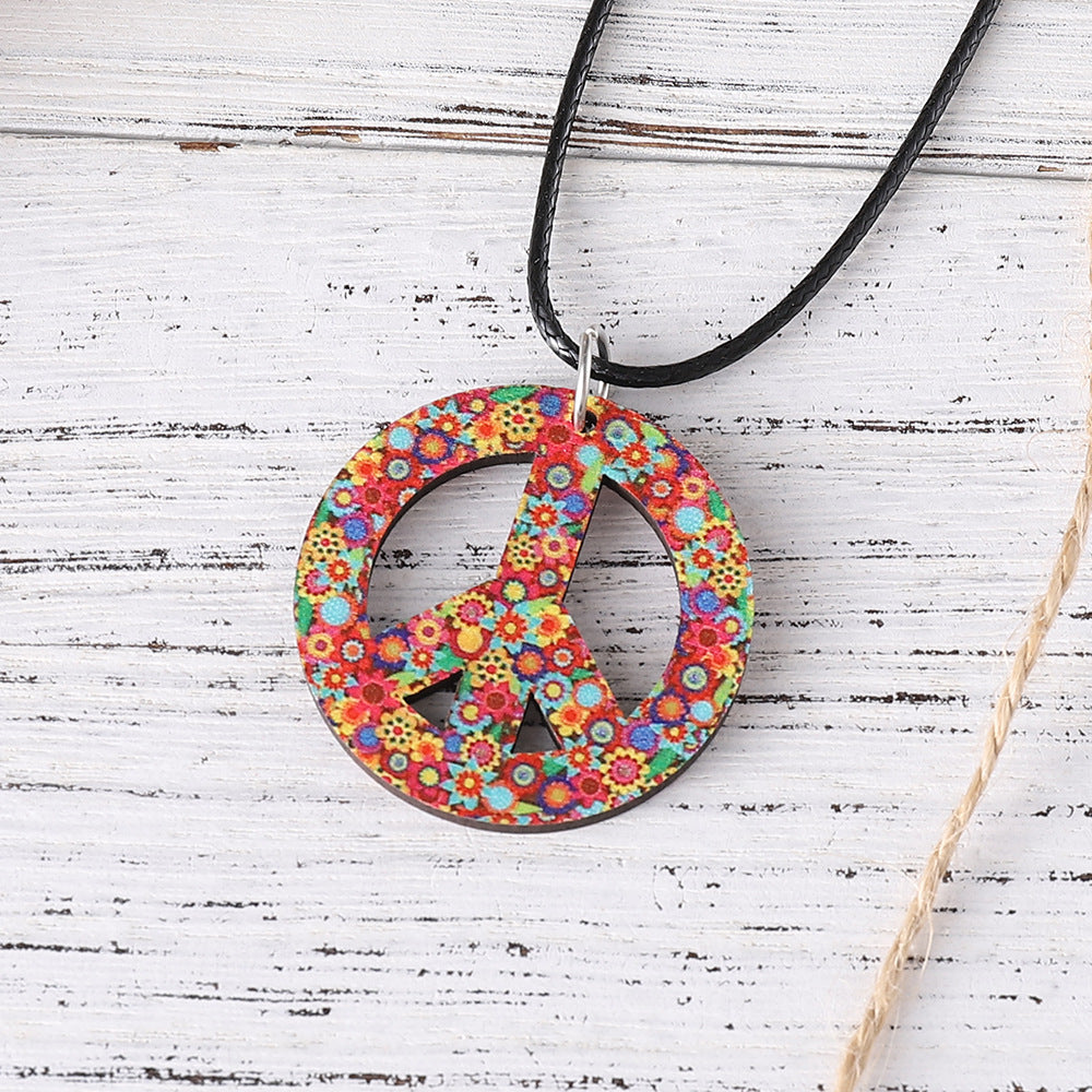 Wholesale Halloween Carnival Hippie suit Double-sided Wooden Pendant Peace Logo Necklace Earrings