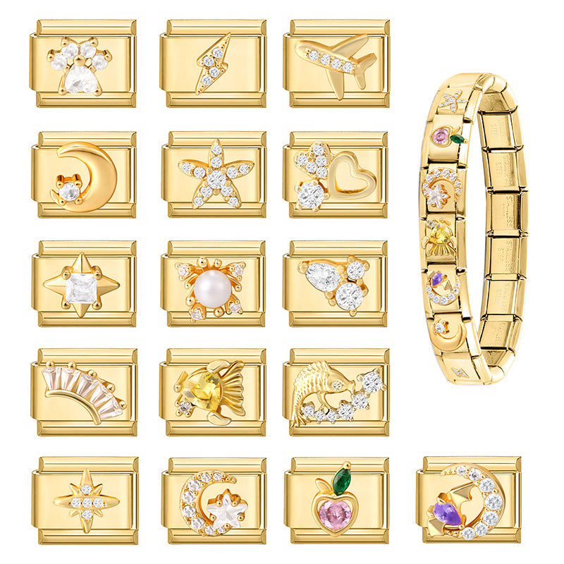 Wholesale Italian Charm Bracelet 9mm DIY Splicing Gold Micro-Inlaid Cubic Zirconia Stainless Steel Composable Bracelet