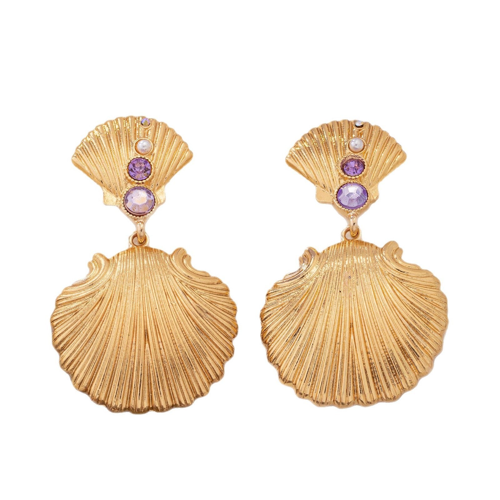 Wholesale Trendy Vacation Style Purple Pearl Shell Gold Tone Earrings Zinc Alloy Fashion Accessory For Women Boutique Resale