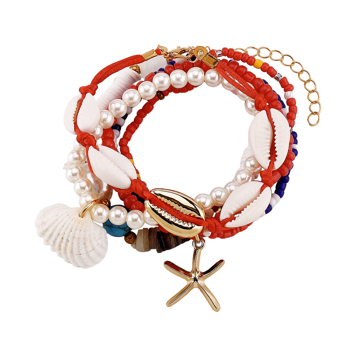 Wholesale Bohemian Ocean Style Shell Starfish Pendant Pearl Rice Beads Handmade Beaded Bracelet suit