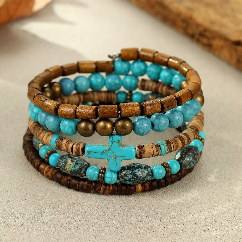 Wholesale Vintage Stacked Turquoise Cross Beaded Pearl Turkish Eye Bracelet Set