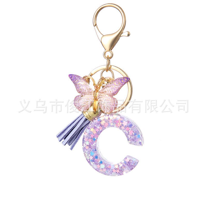 Wholesale Purple Star Tassel Resin Keychain 26 English Letters Bag Charm For Women Students Fashion Decorative Accessory