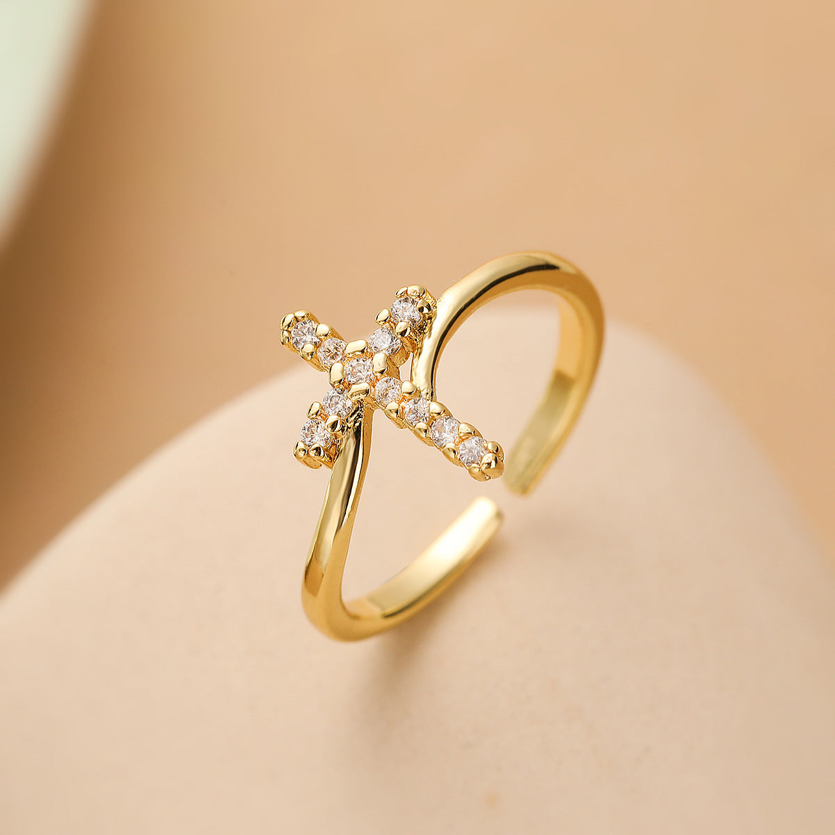 Wholesale Trendy Geometric Cross Zircon Gold Plated Open Ring For Women Adjustable Jewelry Accessory Gift