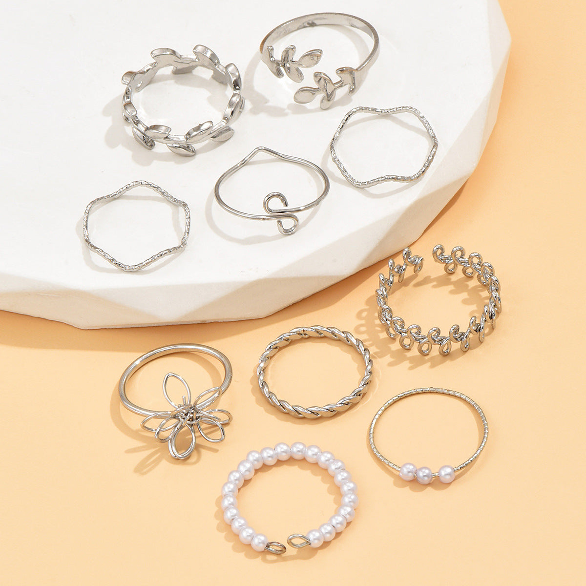 Wholesale hollow flower stacking ring suit smooth leaves vine pearl joint ring 10 pieces set