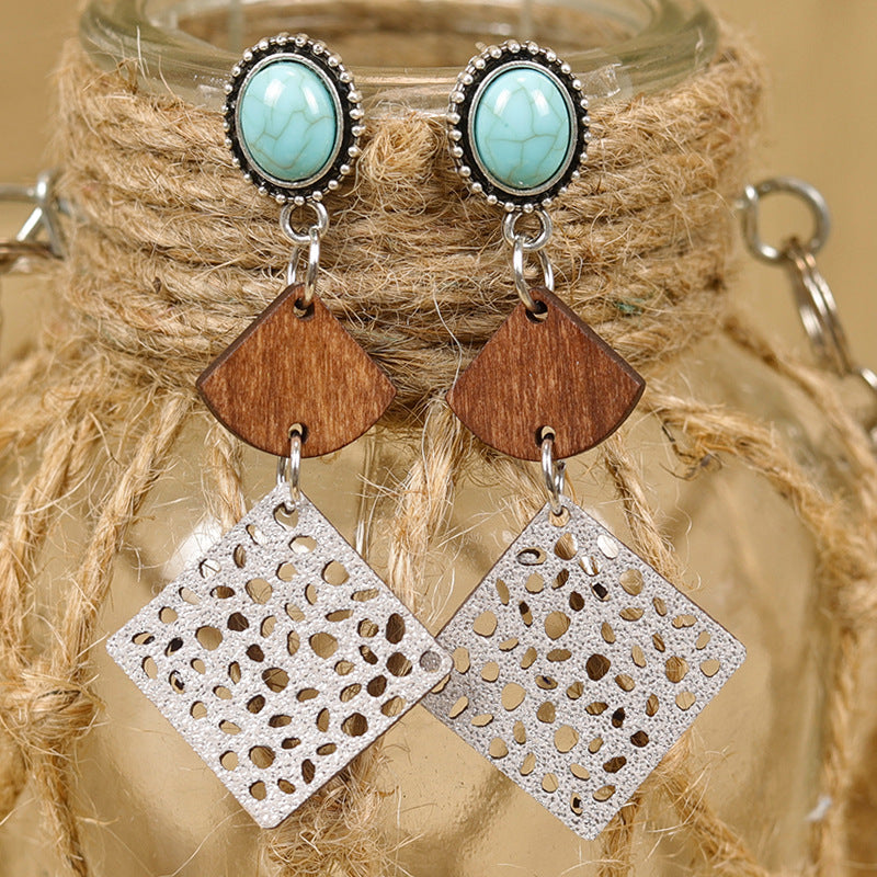 Wholesale Western Distressed Bohemian Geometric Stitching Turquoise Earrings