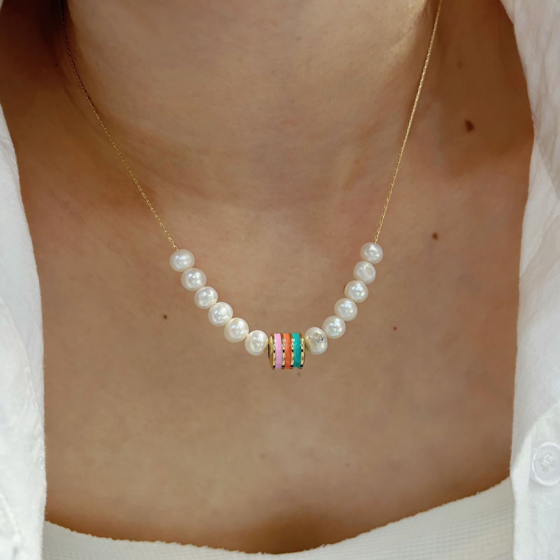 Wholesale Stainless Steel Handmade Natural Pearl Colorful Oil Drop Necklace