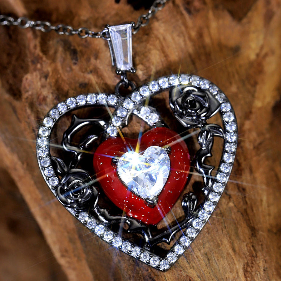 Wholesale Personalized Dark Style Red Choker Heart Diamond Clavicle Chain Flower Tree  Heart-Shaped Necklace