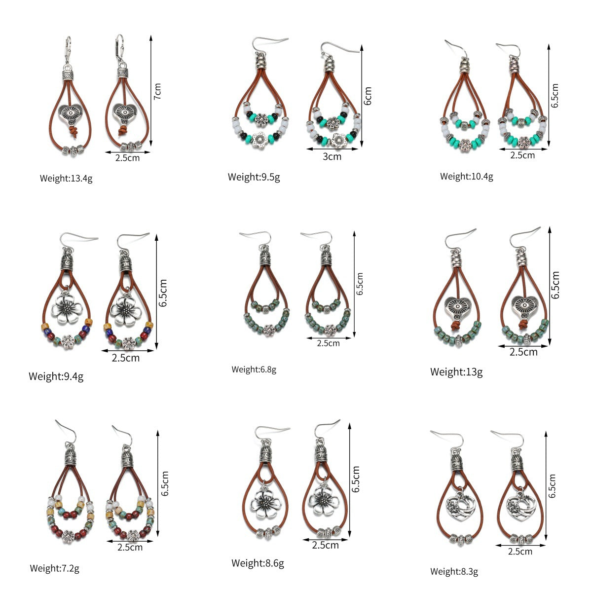 Wholesale  retro ethnic style antique silver flower beads leather rope pendant women's earrings