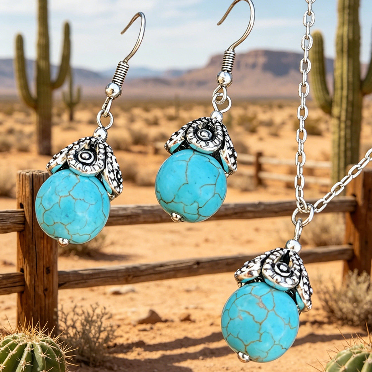 Wholesale Turquoise Retro Chinese Style Necklace And Earring Set Layering Jewelry Accessory For Casual Daily Wear
