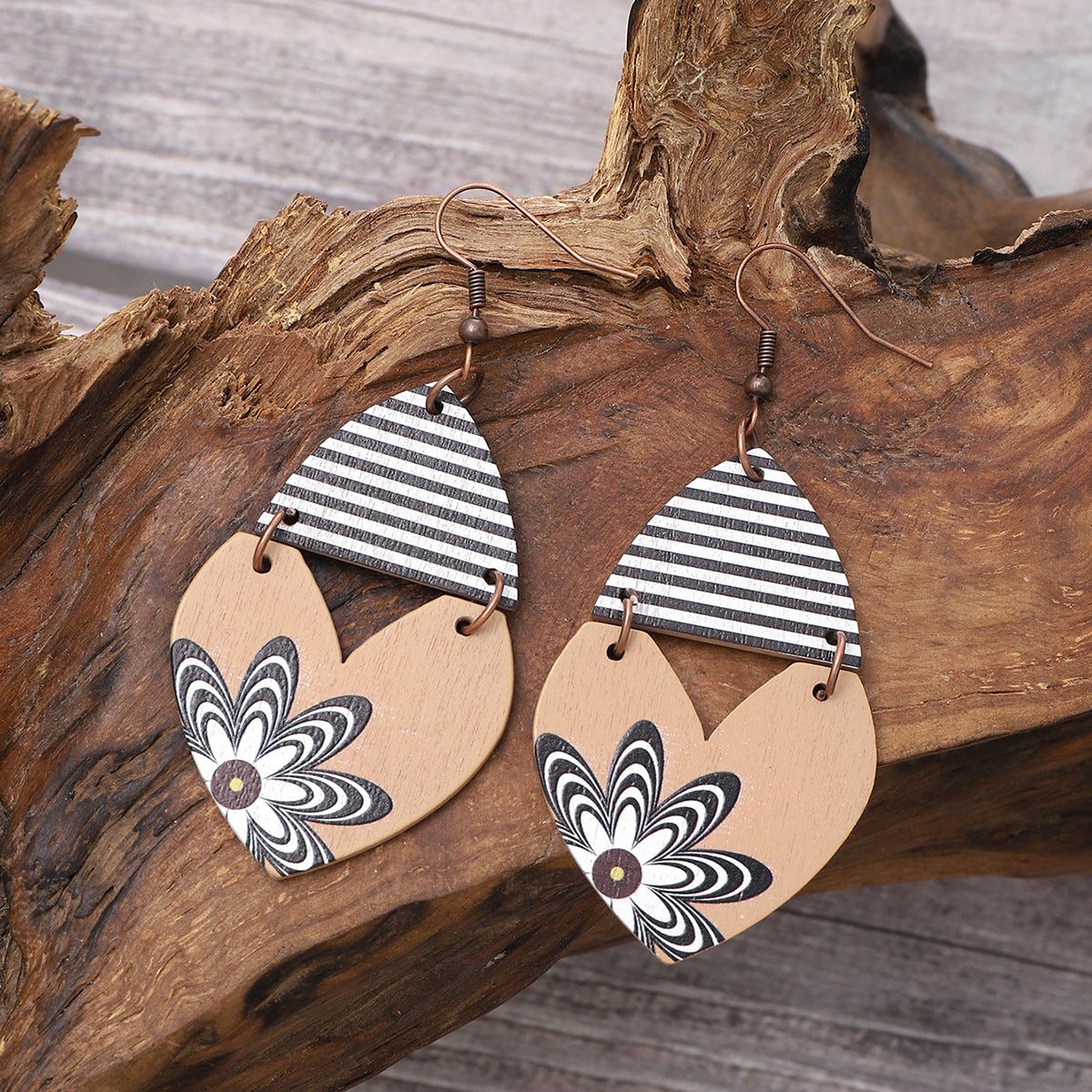 Wholesale  Love Striped Earrings Flower Wooden Earrings