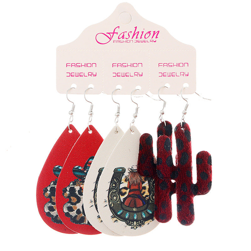 Wholesale 2 Sets Christmas Earrings Set Western Style PU Leather Bull Head Cactus Sunflower Horseshoe Teardrop Earrings ACC-ES-HY131