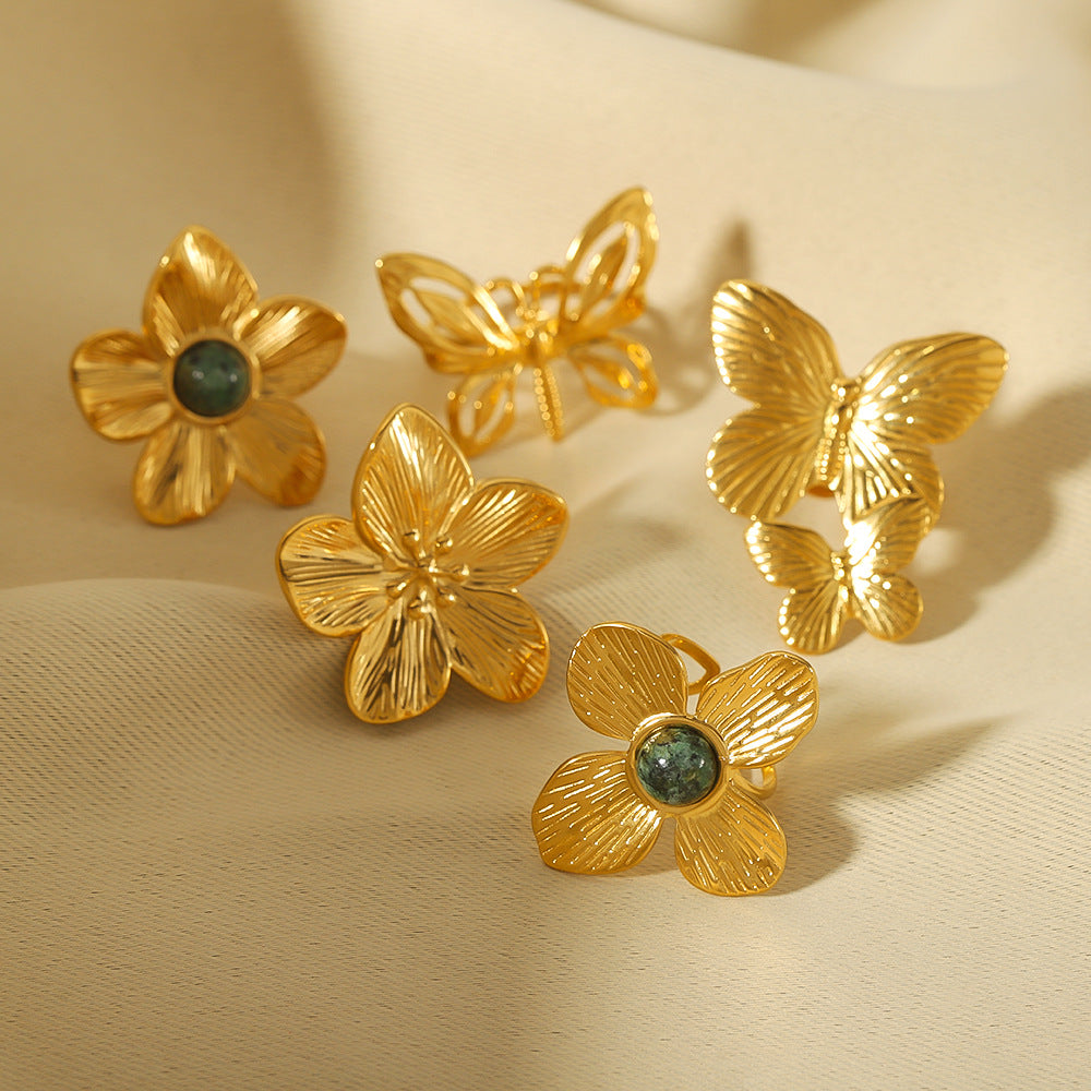 Wholesale Golden Flower Butterfly Stainless Steel 18k Gold Plated Turquoise Open Ring ACC-RS-Xiny003