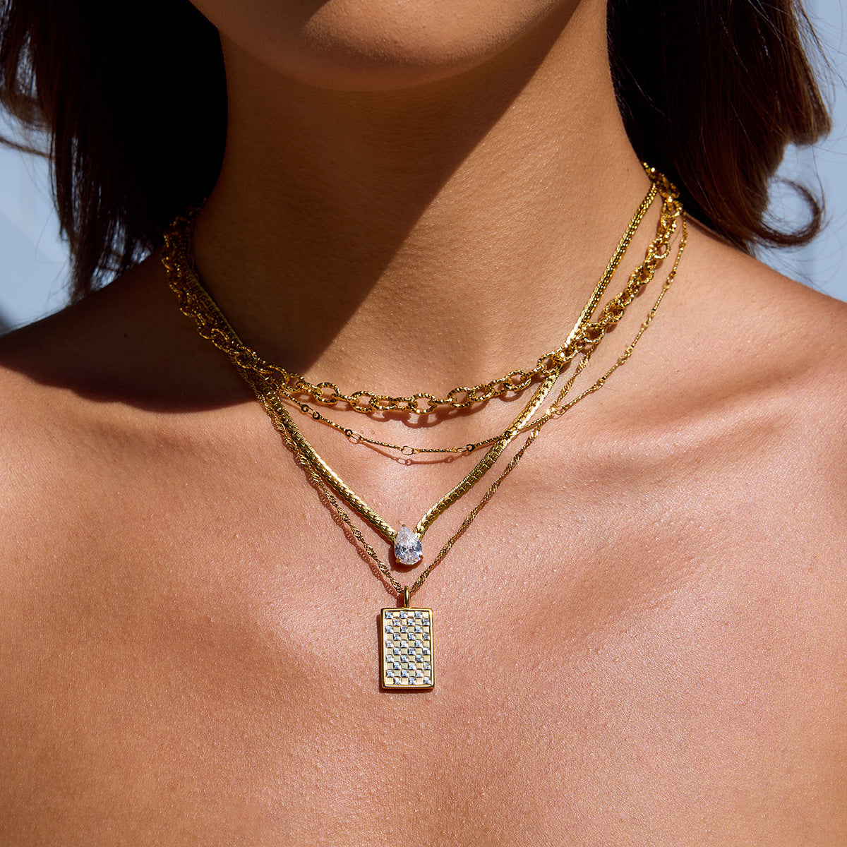 Wholesale 18K Gold  with White Diamond Rectangular Pendant Stainless Steel Necklace