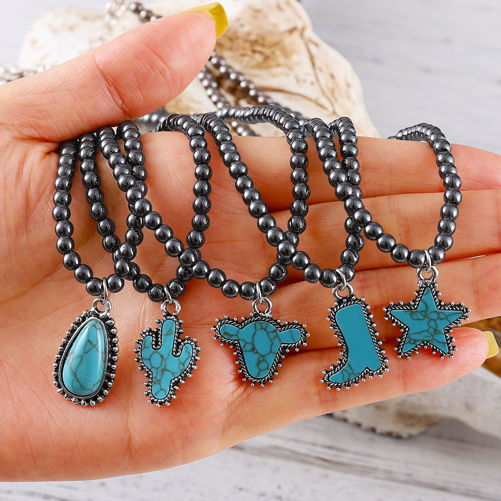Wholesale Black Ball Bead Necklace  Cowboy Boots Bull Head Five-Pointed Star Jewelry