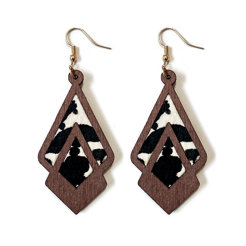 Wholesale  Western retro wooden earrings leopard print milk pattern inlaid earrings