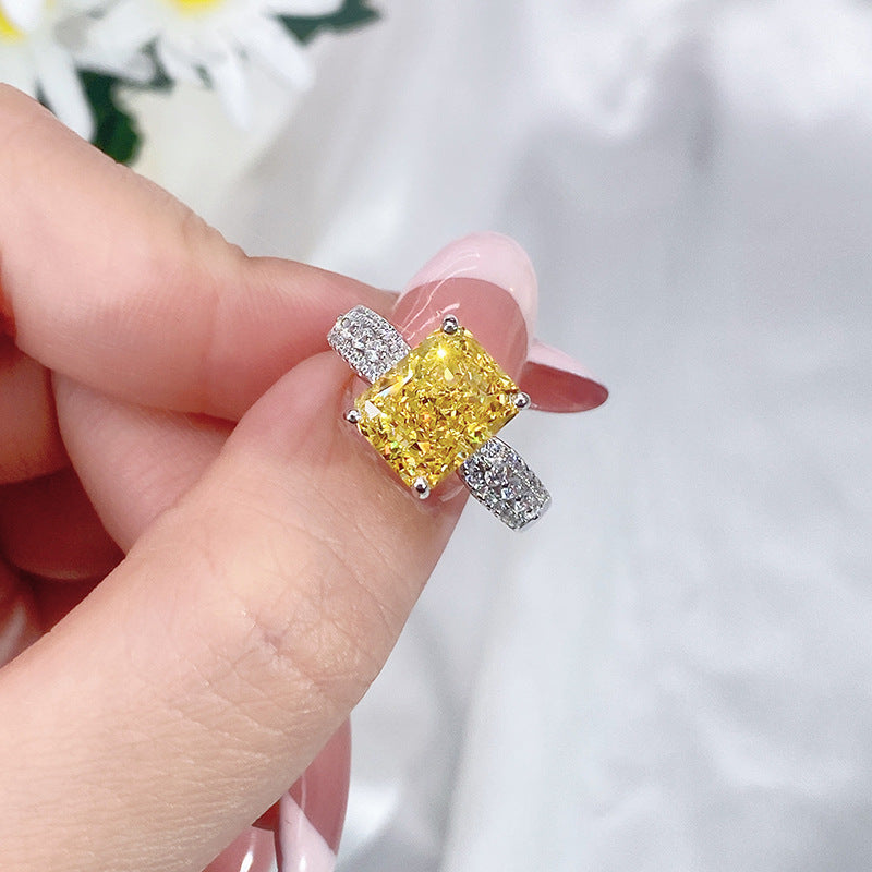 Wholesale S925 sterling silver light luxury  four-claw yellow diamond square ring