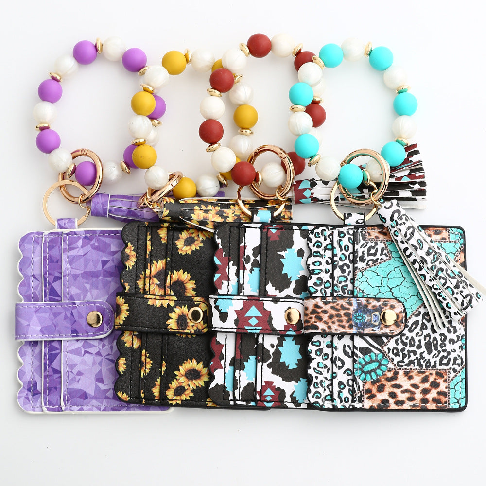 Wholesale  PU  wallet silicone bead bracelet card holder Wristlet Keychain