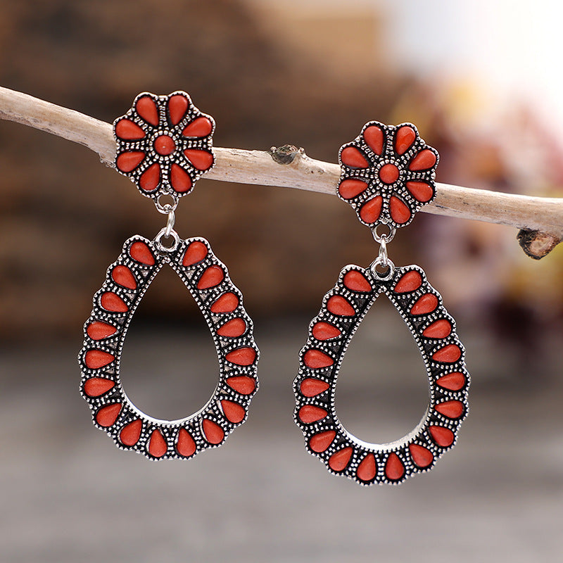 Wholesale Ethnic Style Retro Water Drops Red Pine Stone Earrings Bohemian Exaggerated Pine Stone Earrings