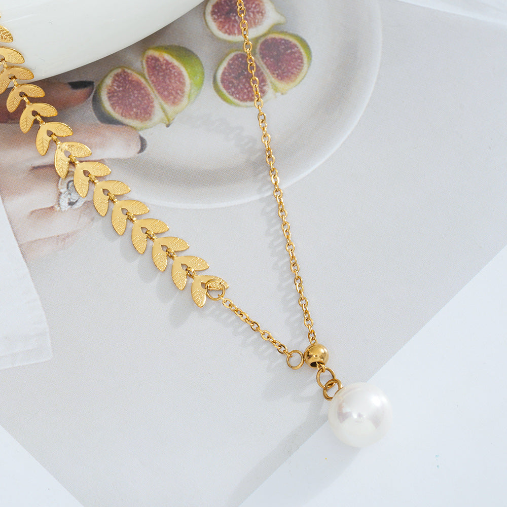 Wholesale Titanium Steel Asymmetric Wheat Pearl Clavicle Chain Necklace,  Fashion Jewelry Gift for Boutique Resale