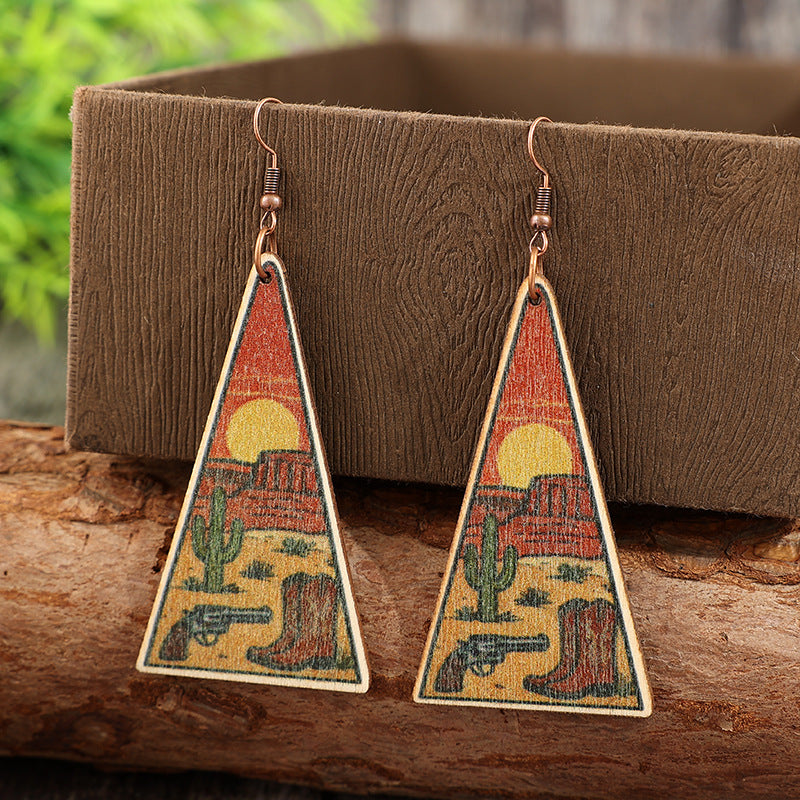 Wholesale Retro Western Style Triangular Wooden Earrings Desert Cactus Horse Sunset Print Boutique Resale