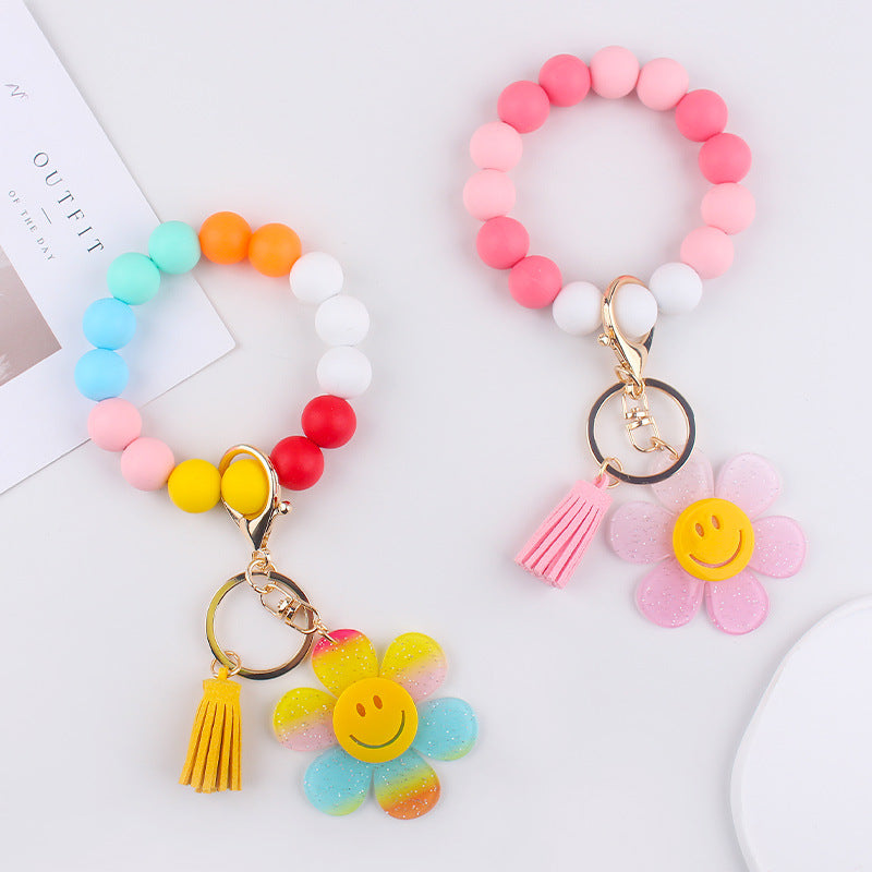 Wholesale Creative DIY Acrylic Smiley Sunflowerl Silicone Bead Bracelet Keychains