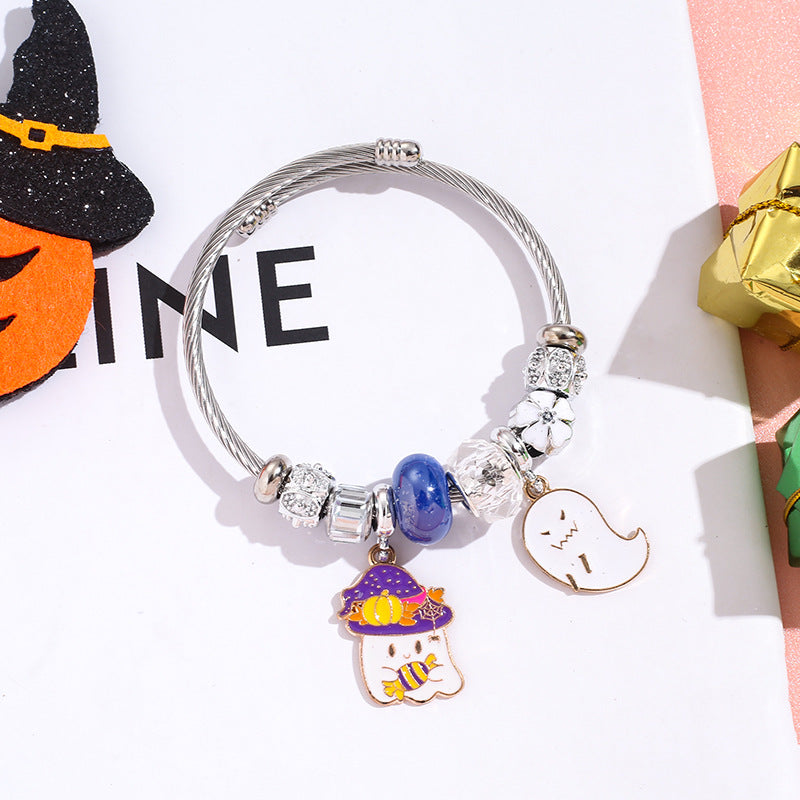 Wholesale Halloween Bat Ghost Witch Alloy Pendant Stainless Steel Bracelet ACC-BT-QingLian007