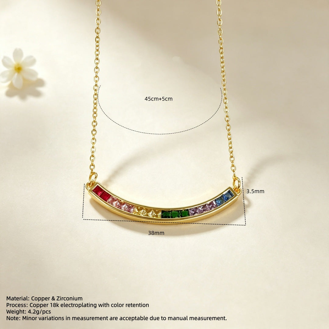 Wholesale Rainbow Zircon Geometric Curve Pendant Necklace Gold Plated Brass Fashion Accessory Gift For Women Boutique Resale