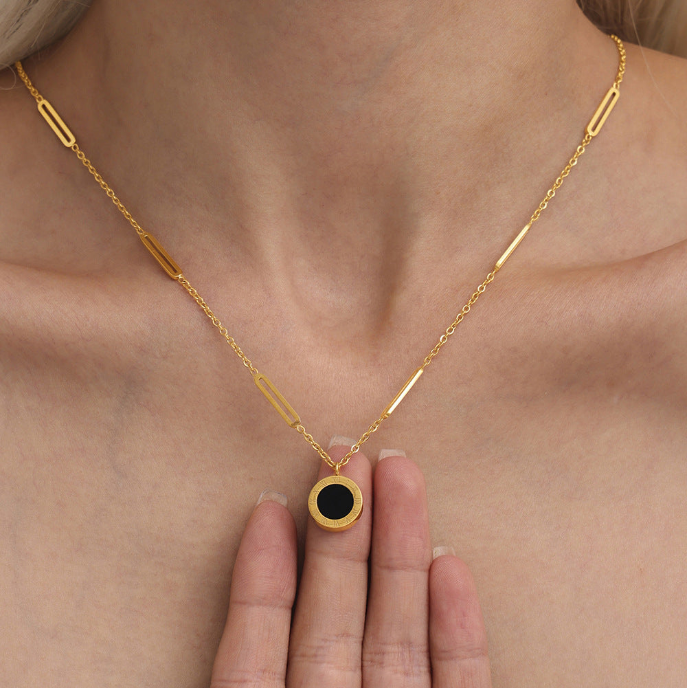 Wholesale Roman Numeral Black White Shell Pendant Necklace Stainless Steel Gold Plated Boutique Resale