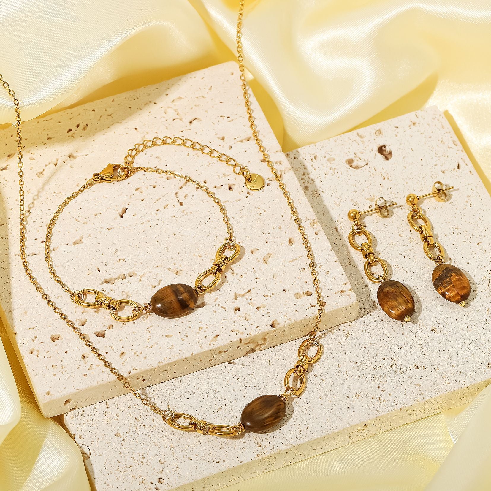 Wholesale Stainless steel natural stone gold-plated necklace earrings and bracelet set