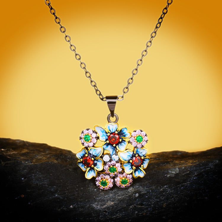 Wholesale Color Zircon Black Gold Flower Three-piece Ring Necklace Earrings  Jewelry