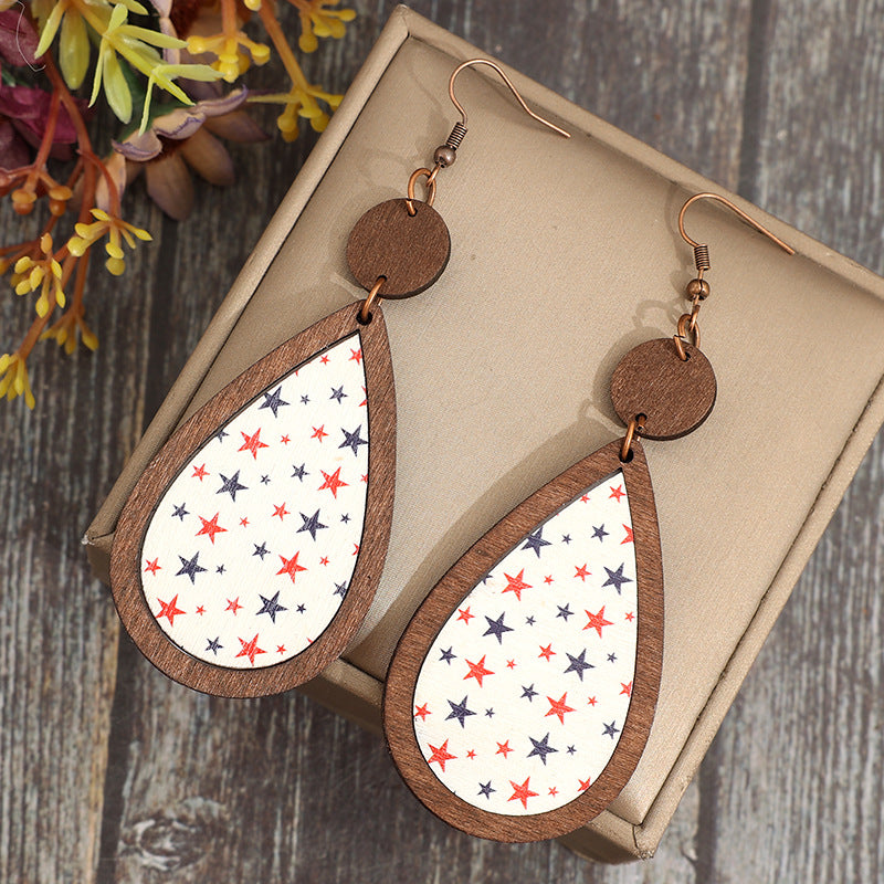 Wholesale American Independence Day teardrop-shaped five-pointed star vintage wooden earrings