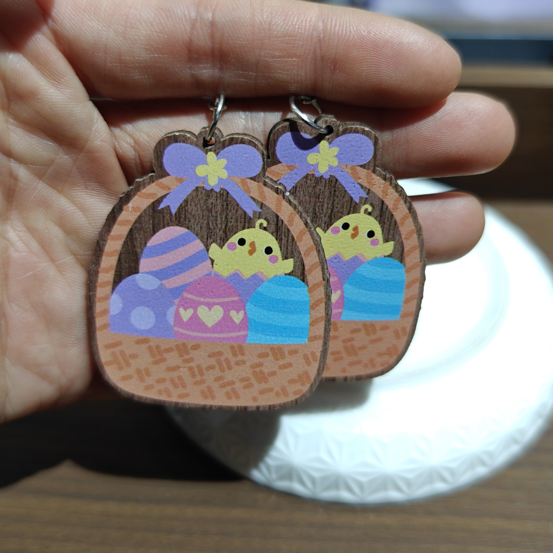Wholesale Easter Wood Printed Colorful Earrings