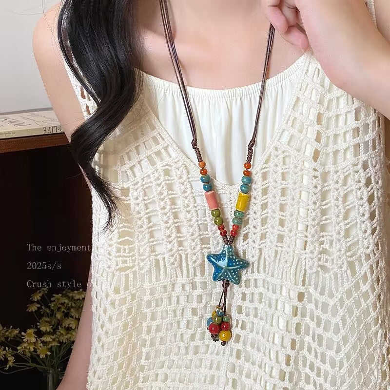 Wholesale Bohemian Ceramic Colorful Beaded Starfish Necklace