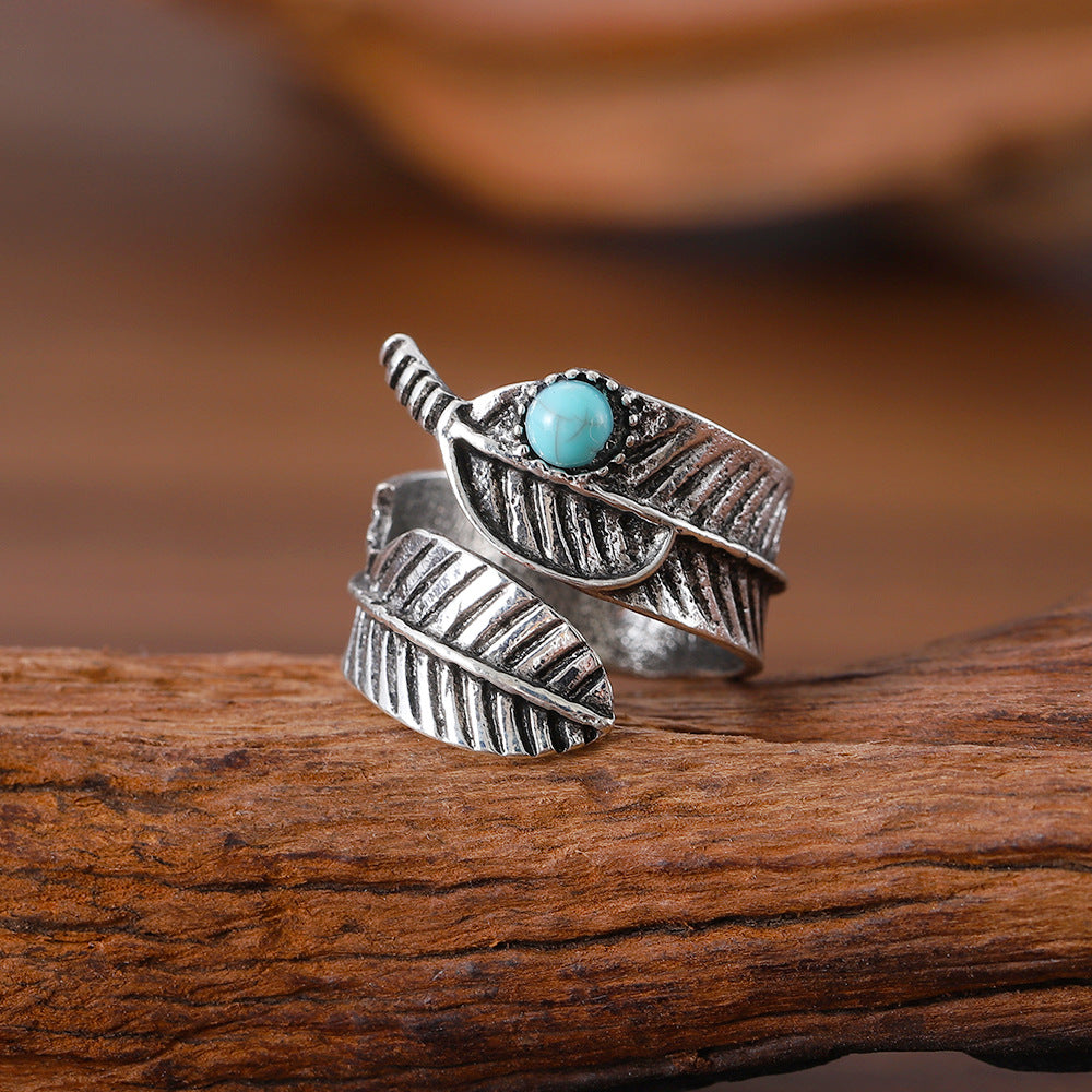 Wholesale  retro leaf turquoise opening adjustable ring
