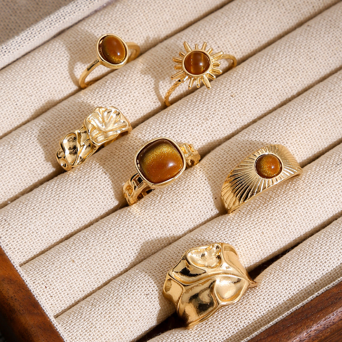 Wholesale Vintage Bohemian Geometric Open Rings 6 Piece Stacking Ring Set Gold Alloy Fashion Jewelry For Women