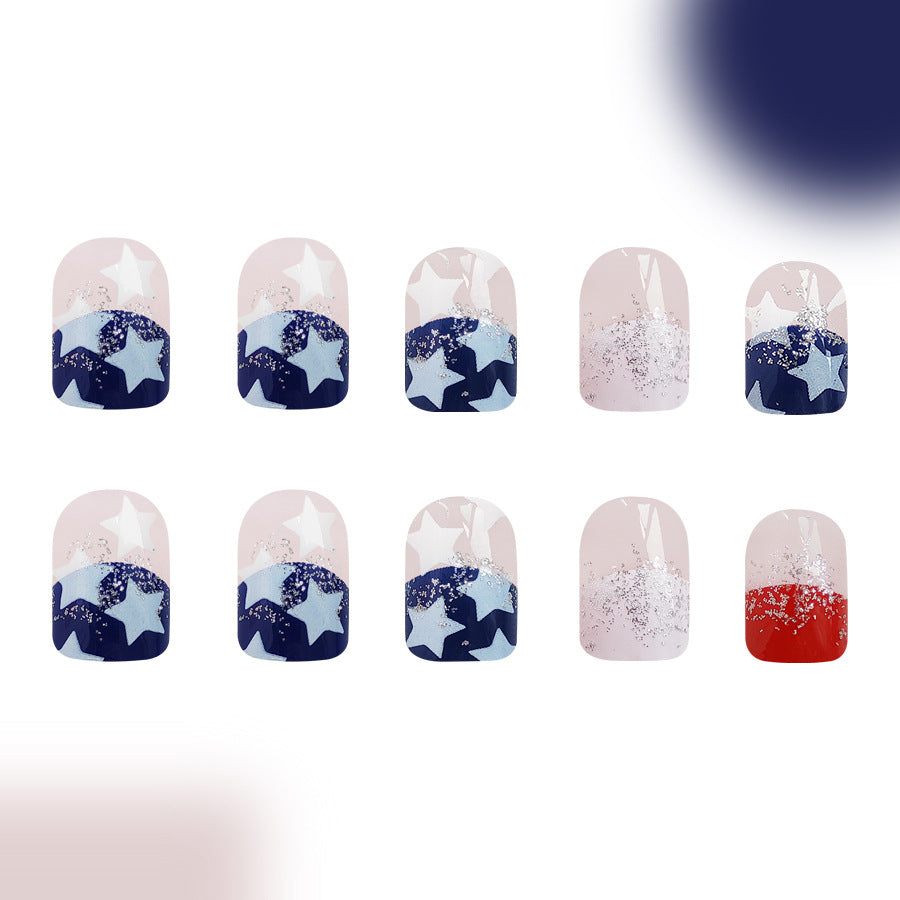 Wholesale 24 Pieces/box American Independence Day Short Glossy Red and Blue Color Glitter Manicure Press-on Nails Kits Nail Stickers ACC-NS-GuaiXL013