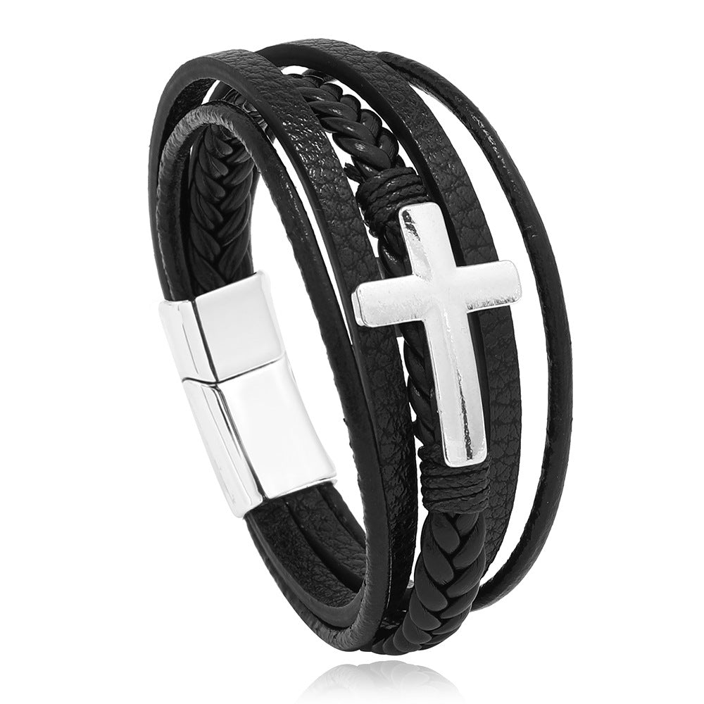 Wholesale Men's Braided Leather Magnetic Clasp Cross Alloy Bracelet