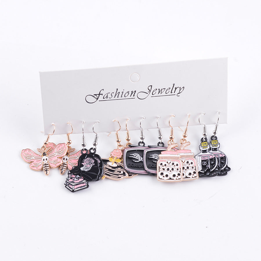 Wholesale Halloween pink and black skull ghost earrings set