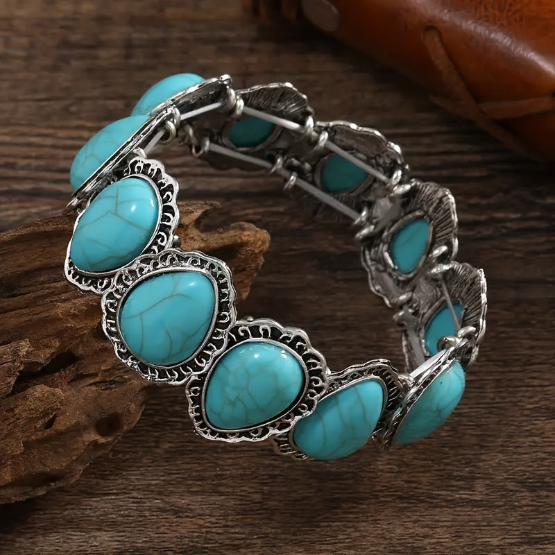 Wholesale Retro Love Pattern Turquoise Elastic Bracelet Zinc Alloy Electroplated Jewelry Accessory for Party Gift Boutique Resale